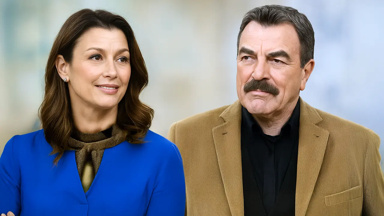 Bridget Moynahan and Tom Selleck seated side by side, dressed for a promotional photo