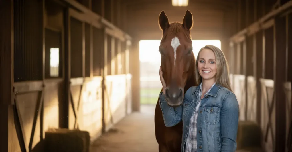Amy Fleming (Amber Marshall) in a barn aisle, hand on a bay horse’s cheek as warm late-day light streams in.