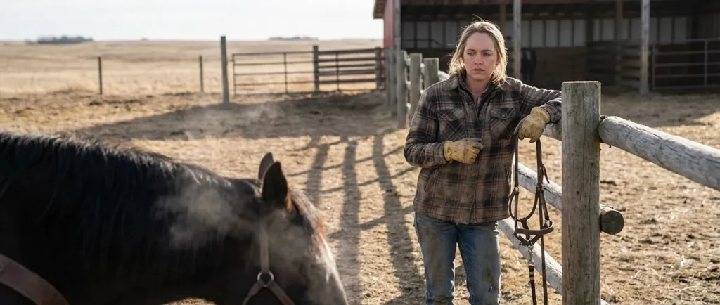 Amber Marshall as Amy Fleming standing in a working barn at Heartland Ranch, dressed in ranch clothes beside a horse.