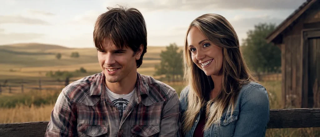 Amy Fleming and Ty Borden sitting together at Heartland ranch in a countryside setting