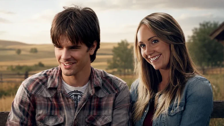 Amy Fleming and Ty Borden sitting together at Heartland ranch in a countryside setting
