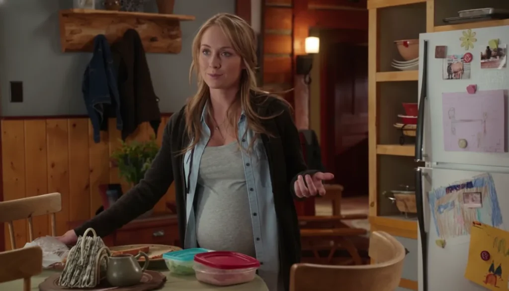 Amber Marshall filming Heartland scenes while portraying Amy Fleming pregnant