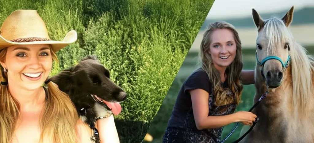 Split image of Amber Marshall from Heartland: left with her dog in a field, right with a palomino horse; natural daylight.
