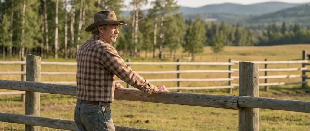 Grandpa Jack standing by a ranch fence in rural Alberta on Heartland