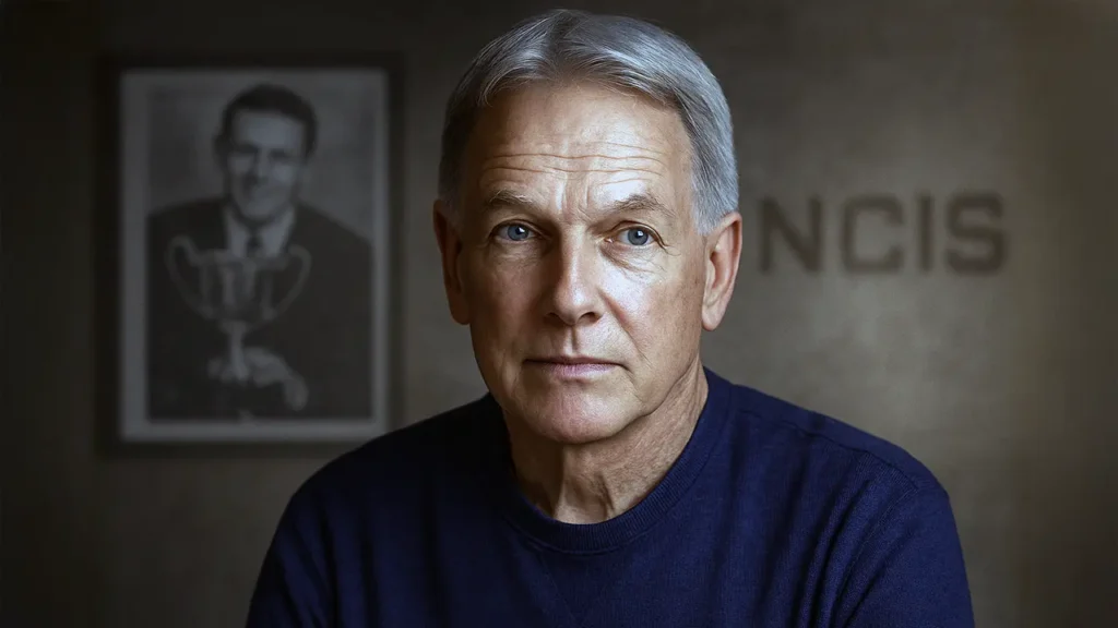 Mark Harmon in a reflective moment, with a faded photo of his father and subtle NCIS logo in the background