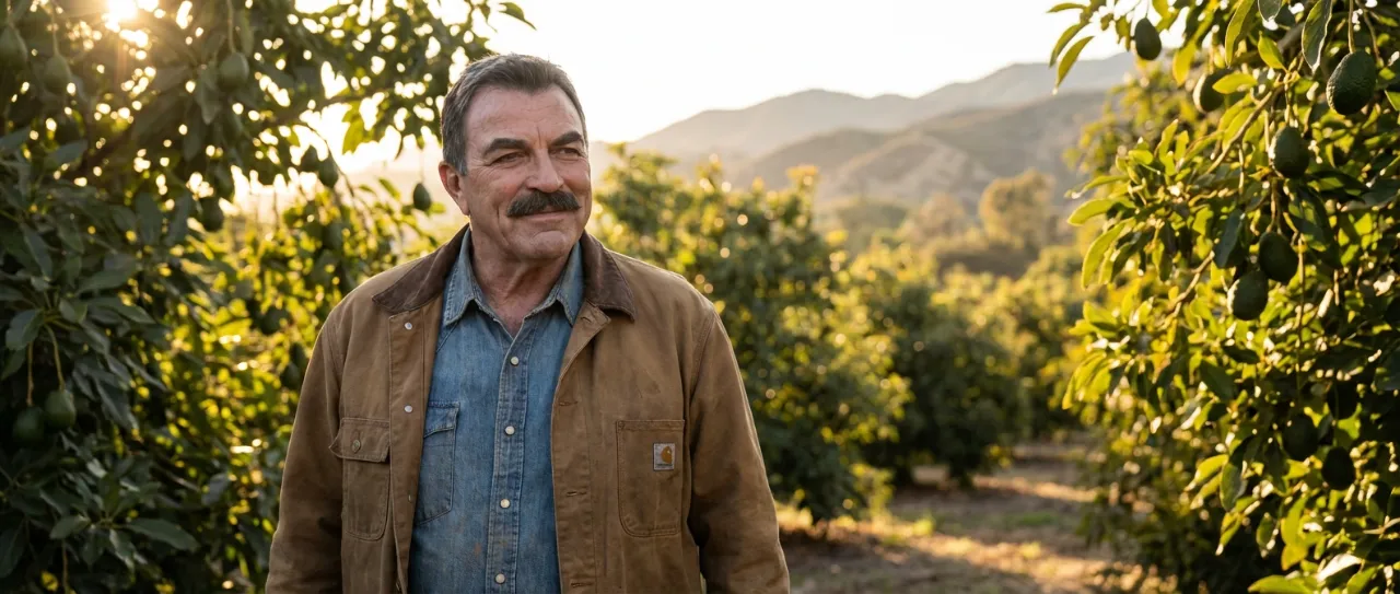 Tom Selleck standing outdoors on his avocado ranch in Ventura County, California.