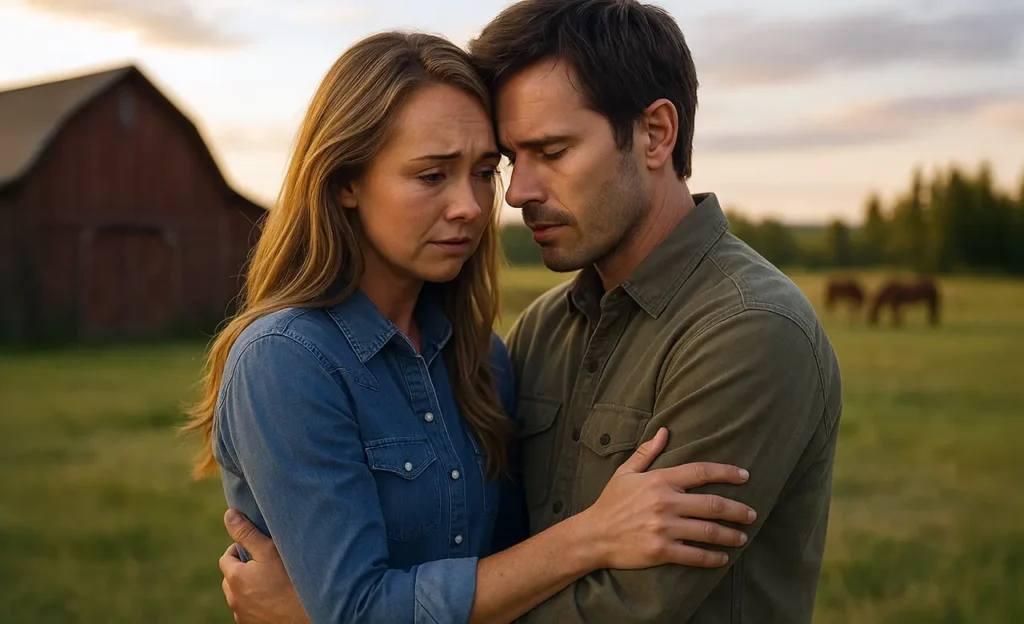 Amy and Ty from Heartland in an emotional embrace outdoors at sunset