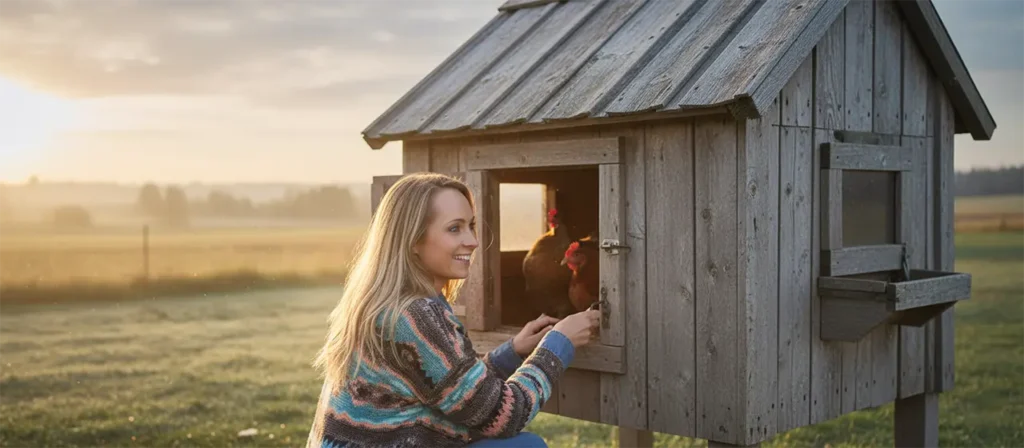 Amber Marshall opening a hen-house door at dawn