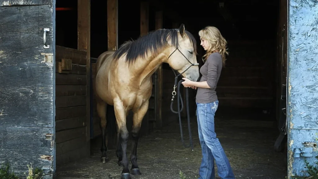 Amber Marshall working with a horse inside the barn on Heartland