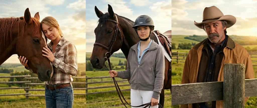 Amber Marshall, Alisha Newton, and Shaun Johnston posing with horses on the Heartland ranch.