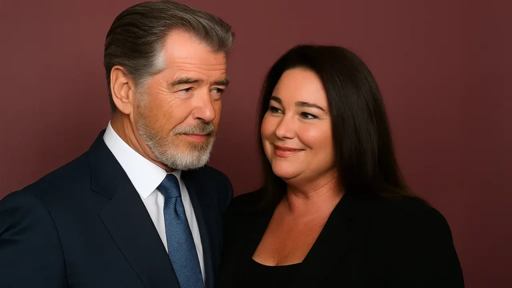 Pierce Brosnan and Keely Shaye Smith smiling at each other in a soft-lit studio portrait