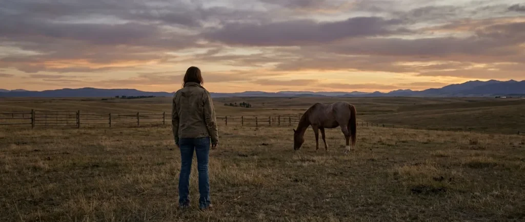 A wide landscape photograph at sunset showing a lone woman from behind, representing Amy Fleming, standing in a vast field looking towards distant mountains with a single horse grazing nearby. The mood is quiet and melancholic.