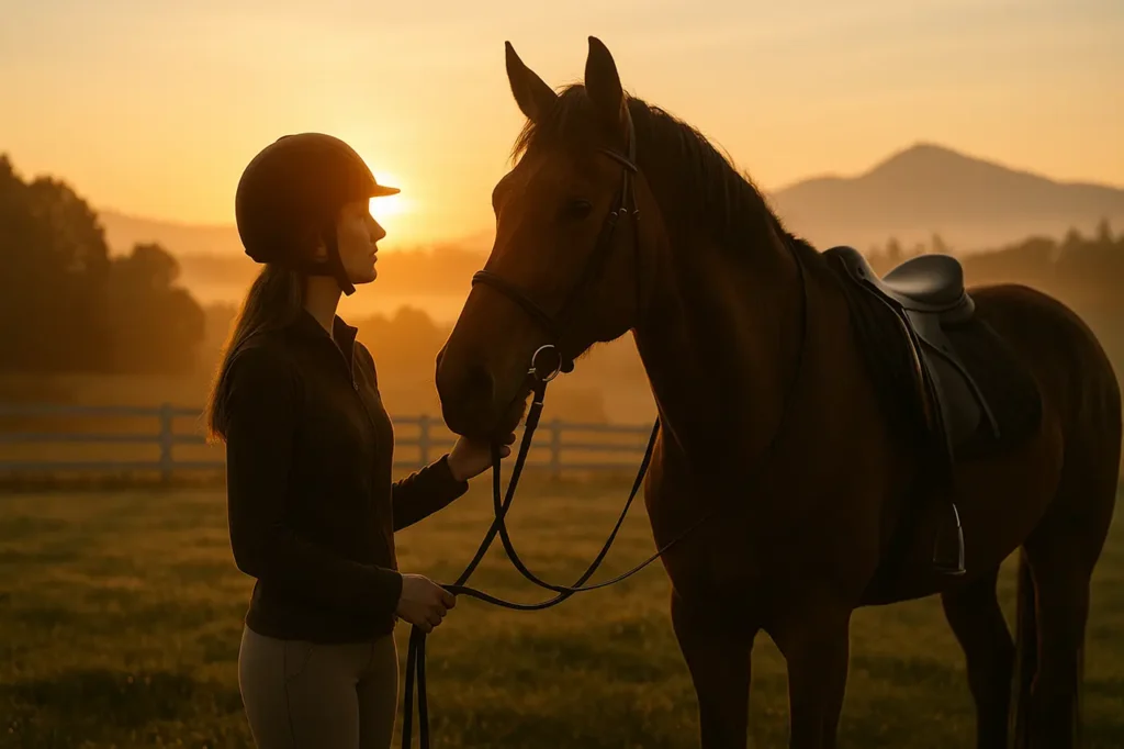 A woman standing beside her horse at sunrise in a peaceful ranch setting, inspired by Heartland