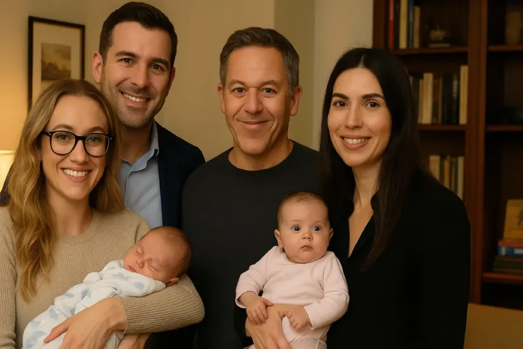 Kat Timpf, Greg Gutfeld, and their spouses sitting together in a cozy living room, each holding their newborn babies, sharing a joyful co-parenting moment.