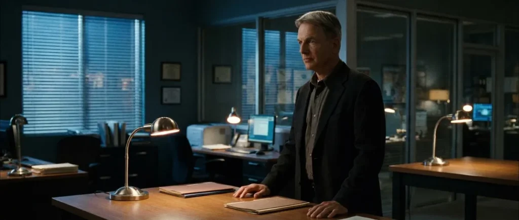 Mark Harmon as Leroy Jethro Gibbs standing alone in the NCIS office in a quiet, reflective moment