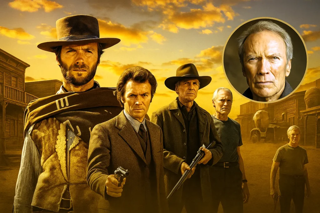 Composite of Clint Eastwood's iconic film roles set in a Western town with a circular portrait inset