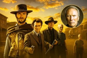 Composite of Clint Eastwood's iconic film roles set in a Western town with a circular portrait inset