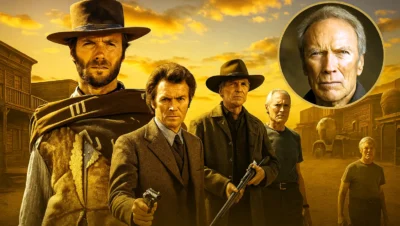 Composite of Clint Eastwood's iconic film roles set in a Western town with a circular portrait inset