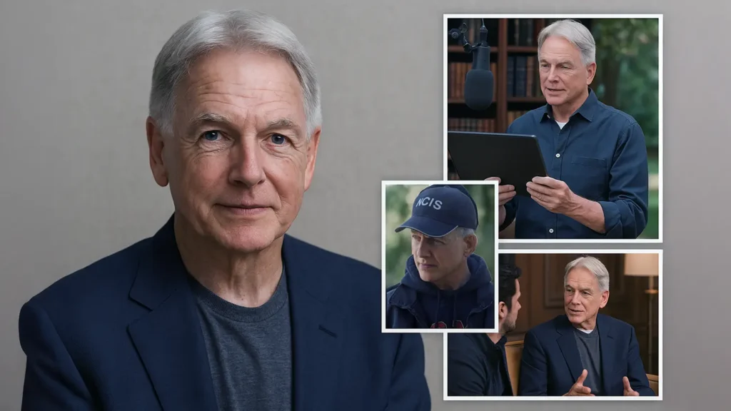 A collage of four recent photographs of Mark Harmon showing him in casual and NCIS-related settings