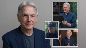 A collage of four recent photographs of Mark Harmon showing him in casual and NCIS-related settings