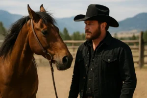 Cole Hauser as Rip Wheeler standing beside a brown horse on a dusty ranch during Yellowstone filming