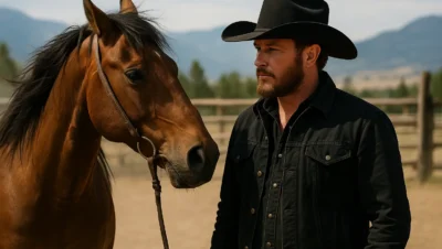 Cole Hauser as Rip Wheeler standing beside a brown horse on a dusty ranch during Yellowstone filming