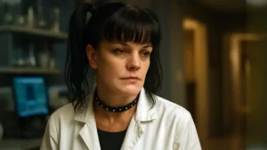 Pauley Perrette as Abby Sciuto in a forensic lab, wearing a white lab coat and black choker, looking serious with soft lighting and a blurred hallway in the background.