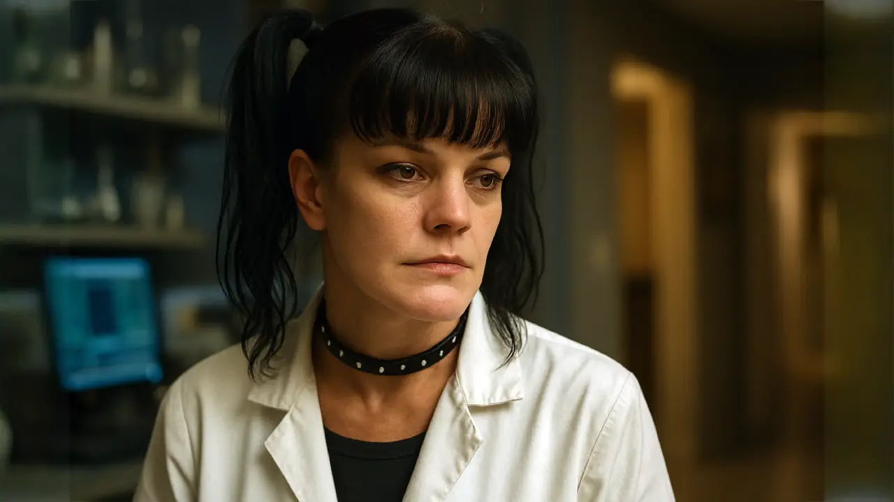 Pauley Perrette as Abby Sciuto in a forensic lab, wearing a white lab coat and black choker, looking serious with soft lighting and a blurred hallway in the background.