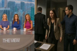Split image of The View co-hosts on-air and backstage office tension with staff escorting a woman