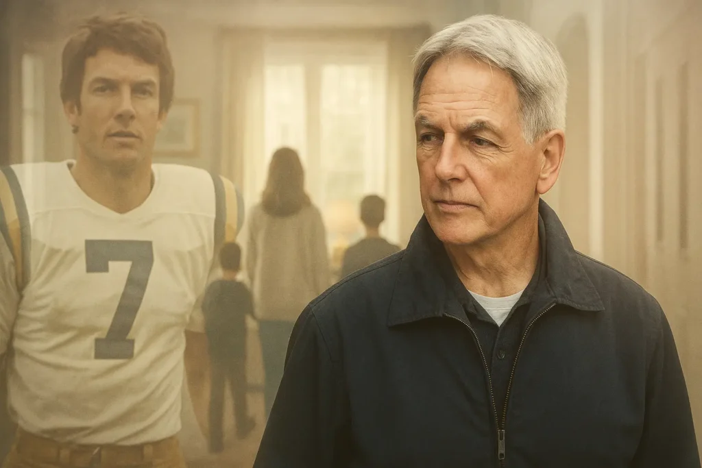 Mark Harmon walking away as Leroy Jethro Gibbs with faded memories of his football days and family in the background
