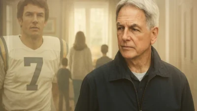Mark Harmon walking away as Leroy Jethro Gibbs with faded memories of his football days and family in the background