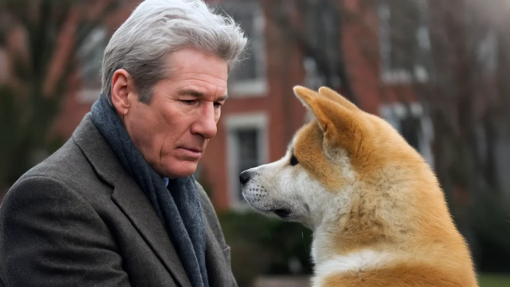 Richard Gere looking at Hachikō, the Akita dog, in an emotional scene from Hachi: A Dog’s Tale