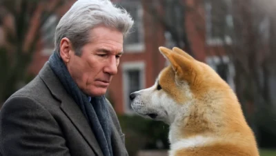 Richard Gere looking at Hachikō, the Akita dog, in an emotional scene from Hachi: A Dog’s Tale