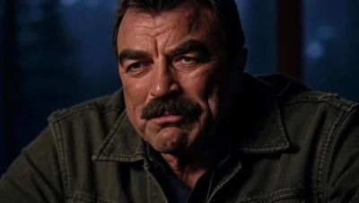 A contemplative Tom Selleck in a suit, gazing thoughtfully out of a window with a cityscape in the background, evoking a sense of personal struggle.