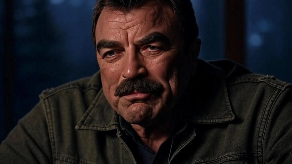 A contemplative Tom Selleck in a suit, gazing thoughtfully out of a window with a cityscape in the background, evoking a sense of personal struggle.