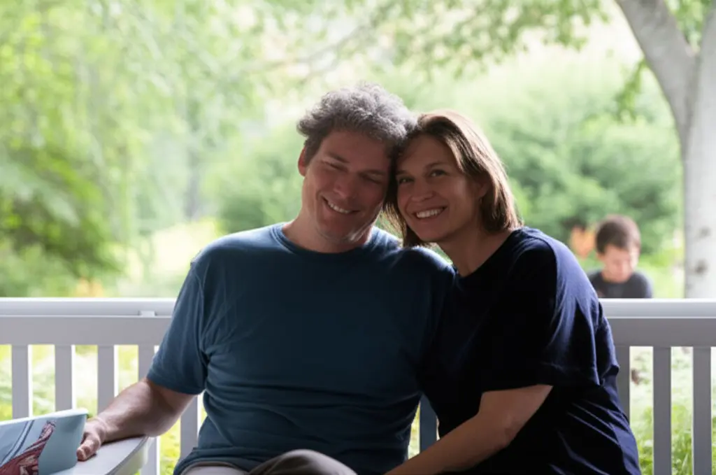 Christopher and Dana Reeve sitting together with their son Will, sharing a peaceful family moment outdoors