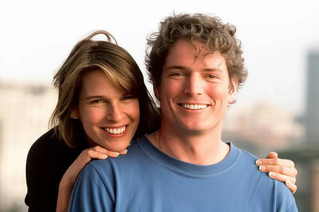 Christopher Reeve smiling in a wheelchair next to his wife Dana Reeve, both outdoors and happy