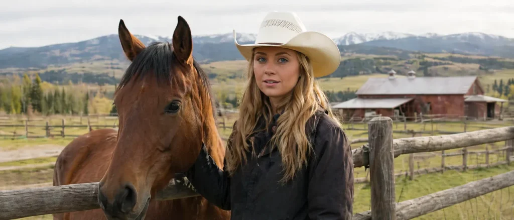 Amy Fleming standing with a horse on the Heartland ranch