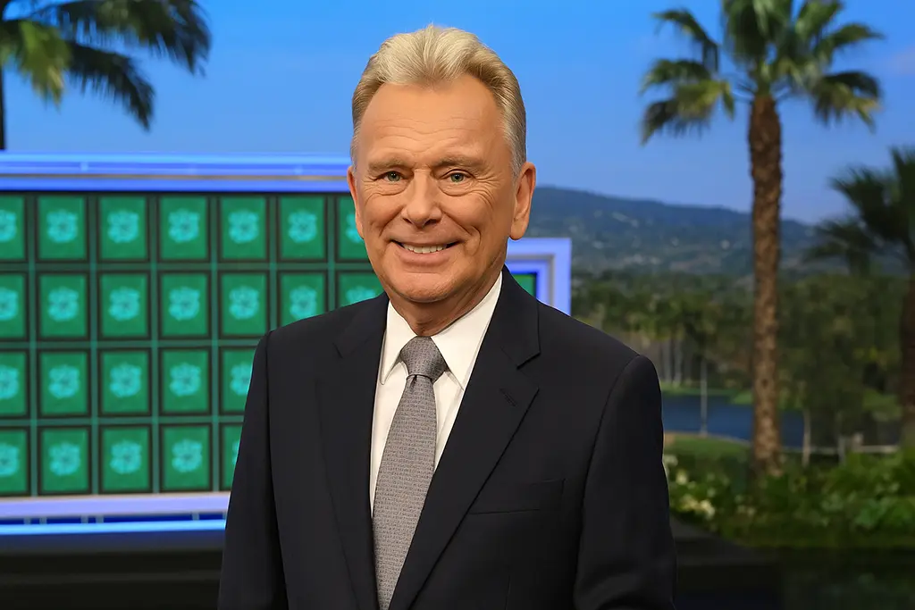 Pat Sajak on the Wheel of Fortune set in a navy suit, smiling during his farewell season