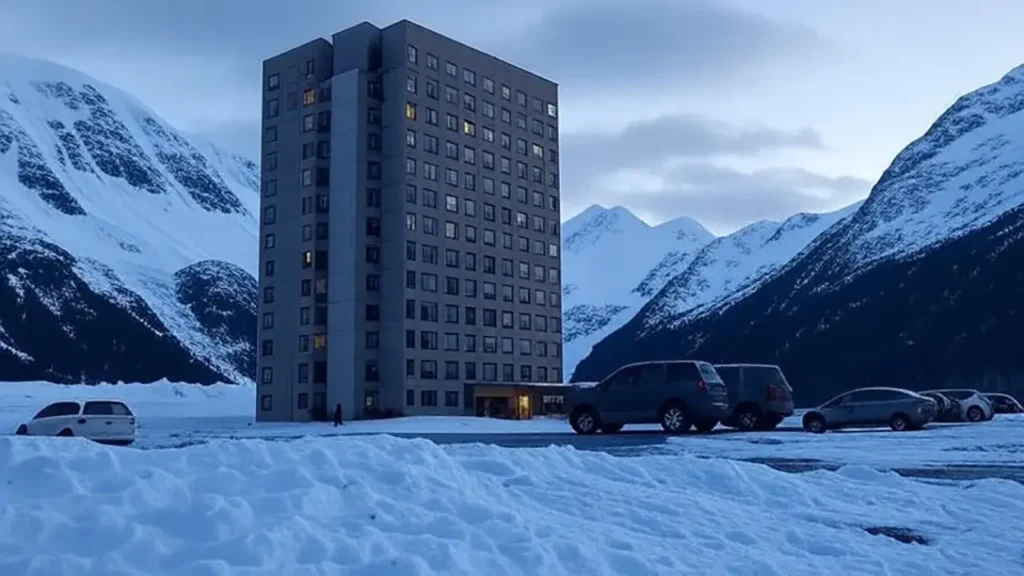 Begich Towers in Whittier, Alaska, a 14-story building where most of the town's residents live together under one roof, surrounded by snowy mountains.