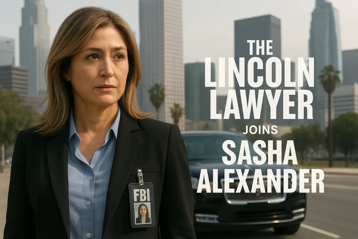 Sasha Alexander as FBI Agent Dawn Ruth standing in front of the Los Angeles skyline with a Lincoln car behind her