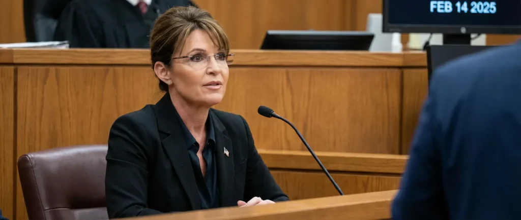 Sarah Palin outside a New York courthouse in 2025 wearing a black blazer.