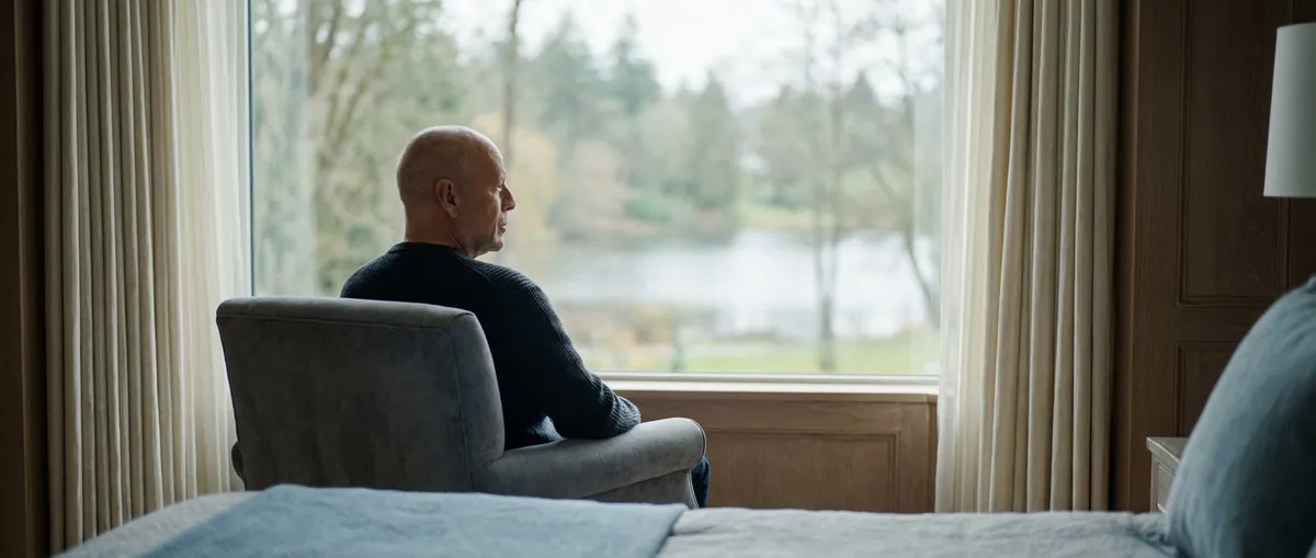 Bruce Willis sits quietly in a grey armchair, looking out a large picture window at an overcast lake view.