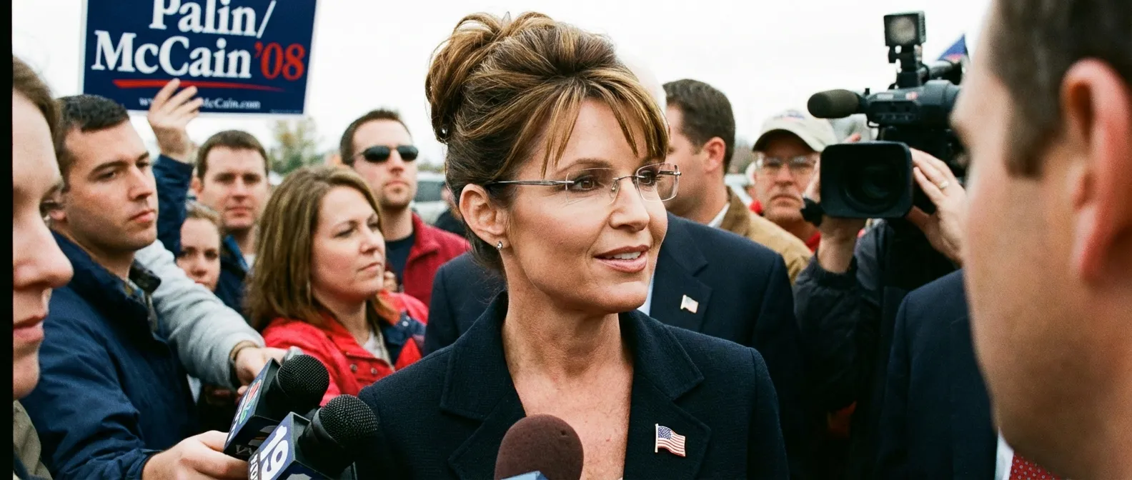 Sarah Palin wearing her signature rimless glasses and updo hairstyle while speaking on the 2008 campaign trail.