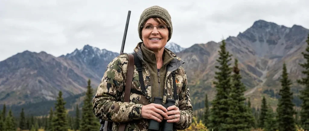 Sarah Palin in hunting gear outdoors in Alaska, smiling and holding a rifle.