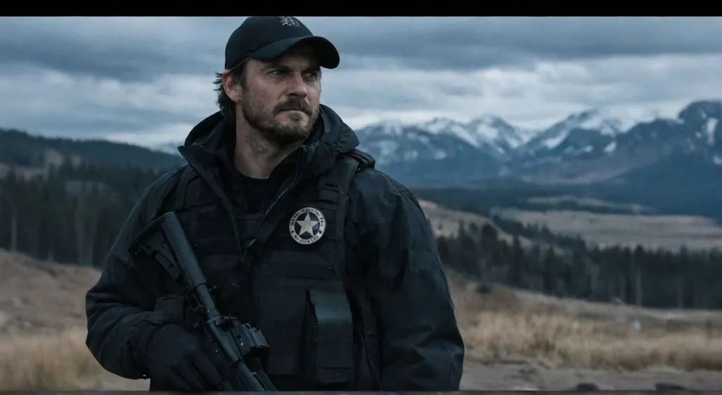 Kayce Dutton wearing tactical gear in Montana after leaving the Yellowstone ranch, now serving as a U.S. Marshal.