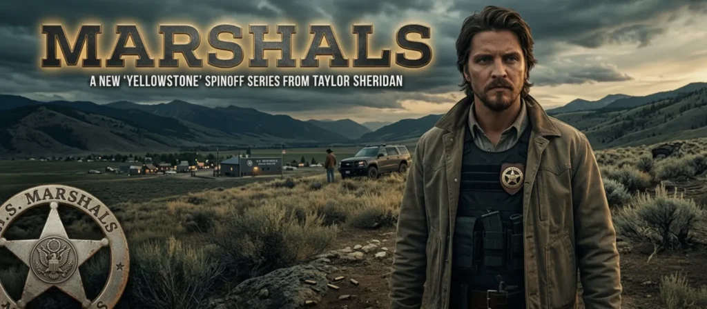 Promotional banner for the Yellowstone spinoff 'Marshals' featuring Luke Grimes as Kayce Dutton in a Montana landscape, including a U.S. Marshals badge and text about the cast reveal.