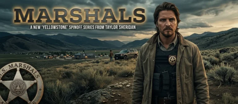 Promotional banner for the Yellowstone spinoff 'Marshals' featuring Luke Grimes as Kayce Dutton in a Montana landscape, including a U.S. Marshals badge and text about the cast reveal.