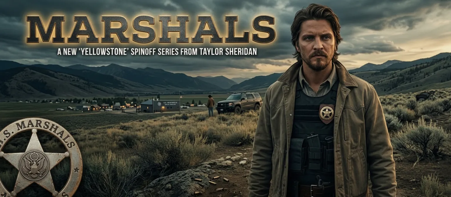 Promotional banner for the Yellowstone spinoff 'Marshals' featuring Luke Grimes as Kayce Dutton in a Montana landscape, including a U.S. Marshals badge and text about the cast reveal.
