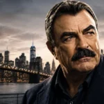 Tom Selleck-style police drama portrait with a New York city backdrop